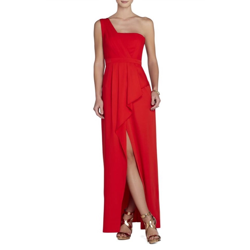 BCBGMAXAZRIA Red Peplum One Shoulder Gown - Picture 2 of 8